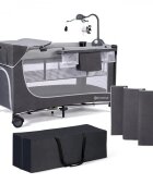 KINDERKRAFT Patut pliabil cu doua nivele cadru din otel mecanism de pliere rapida dotat cu carusel muzical si masuta de infasat 126 x 65 x 76cm Grey