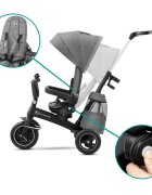 KINDERKRAFT Tricicleta pentru copii Easytwist platinum grey cu sezut rotativ 360 grade maner cu control al directiei reglabil pe 4 niveluri suport pentru cana sac-rucsac pentru accesorii frana pe rotile din spate
