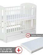 Klups Patut cu sertar Safari Giraffe Alb + Saltea 10 Confort II