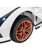 Lamborghini Masinuta electrica pentru copii Sian alb 106W cu telecomanda sunete suspensii panou audio scaun piele si roti din spuma Eva