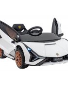 Lamborghini Masinuta electrica pentru copii Sian alb 106W cu telecomanda sunete suspensii panou audio scaun piele si roti din spuma Eva
