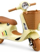 LeanToys Scooter electric pentru copii Vespa XW-03 Beige design Retro autentic si elegant scaun piele motor 2 x 35W acumulator 12V 4.5Ah faruri LED panou audio integrat cu USB MP3 83 x 40 x 62 cm