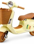 LeanToys Scooter electric pentru copii Vespa XW-03 Beige design Retro autentic si elegant scaun piele motor 2 x 35W acumulator 12V 4.5Ah faruri LED panou audio integrat cu USB MP3 83 x 40 x 62 cm
