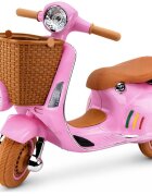LeanToys Scooter electric pentru copii Vespa XW-03 Pink design Retro autentic si elegant scaun piele motor 2 x 35W acumulator 12V 4.5Ah faruri LED panou audio integrat cu USB MP3 83 x 40 x 62 cm
