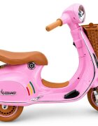 LeanToys Scooter electric pentru copii Vespa XW-03 Pink design Retro autentic si elegant scaun piele motor 2 x 35W acumulator 12V 4.5Ah faruri LED panou audio integrat cu USB MP3 83 x 40 x 62 cm