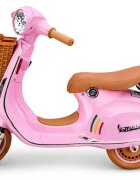 LeanToys Scooter electric pentru copii Vespa XW-03 Pink design Retro autentic si elegant scaun piele motor 2 x 35W acumulator 12V 4.5Ah faruri LED panou audio integrat cu USB MP3 83 x 40 x 62 cm