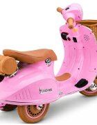LeanToys Scooter electric pentru copii Vespa XW-03 Pink design Retro autentic si elegant scaun piele motor 2 x 35W acumulator 12V 4.5Ah faruri LED panou audio integrat cu USB MP3 83 x 40 x 62 cm