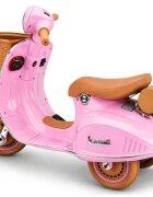 LeanToys Scooter electric pentru copii Vespa XW-03 Pink design Retro autentic si elegant scaun piele motor 2 x 35W acumulator 12V 4.5Ah faruri LED panou audio integrat cu USB MP3 83 x 40 x 62 cm