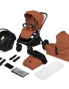 Lionelo Carucior 3 in 1 Mika Plus cadru din aluminiu landou intarit si salteluta moale scoica auto testata ADAC reversibil sistem de ventilatie 3D accesorii pana la 22 kg EN1888-1 EN1888-2 EN1466 ECE R129 Maro