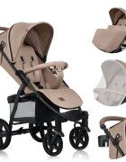 Lionelo Carucior pentru copii Annet Plus Bej cu accesorii si capotina XXL reglabila 0-22 kg conform cu standardele europene de securitate
