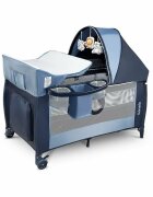 Lionelo Patut pliant Sven Plus Blue Navi cu doua nivele cu arcada jucarii masuta de infasat vibratii melodii conform cu standardele europeane de securitate EN716 si EN12221