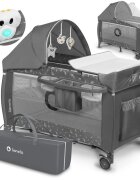 Lionelo Patut pliant Sven Plus Grey cu doua nivele cu arcada jucarii masuta de infasat vibratii melodii conform cu standardele europeane de securitate EN716 si EN12221
