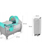 Lionelo Patut pliant Sven Plus TurcoazGri Scandi cu doua nivele cu arcada jucarii masuta de infasat vibratii melodii conform cu standardele europeane de securitate EN716 si EN12221