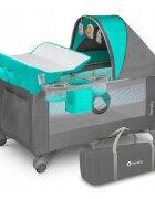 Lionelo Patut pliant Sven Plus TurcoazGri Scandi cu doua nivele cu arcada jucarii masuta de infasat vibratii melodii conform cu standardele europeane de securitate EN716 si EN12221