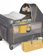 Lionelo Patut pliant Sven Plus Yellow Scandi cu doua nivele cu arcada jucarii masuta de infasat vibratii melodii conform cu standardele europeane de securitate EN716 si EN12221