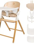 Lionelo Scaun de masa multifunctional Celia din lemn de fag 6 luni- adult reglabil pe inaltime husa impermeabila tavita silicon suport de picioare reglabil greutate maxima 90 Kg AlbNatural