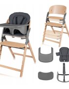 Lionelo Scaun de masa multifunctional Megan din lemn de fag 6 luni- adult reglabil pe inaltime husa impermeabila tavita silicon suport de picioare reglabil greutate maxima 110 Kg Gri