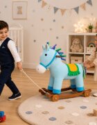 Little Mom Balansoar Unicorn Bouncy din pluscu roti sunete baza solida din lemn recomandat 3 ani+