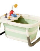 Little Mom Cadita 3 in 1 pentru copii AquaPlay Green pliabila echipata cu masuta de joaca detasabila dus functional si dop evacuare apa picioruse reglabile in inaltime dimensiune 78.5 x 51.5 x 38 cm