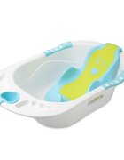 Little Mom Cadita pentru copii Sunny Blue echipata cu manere antiderapante Dop de scurgere dimensiune 88 x 51 x 22 cm si Reductor detasabil ergonomic cu fixare in ventuze inclus