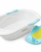 Little Mom Cadita pentru copii Sunny Blue echipata cu manere antiderapante Dop de scurgere dimensiune 88 x 51 x 22 cm si Reductor detasabil ergonomic cu fixare in ventuze inclus