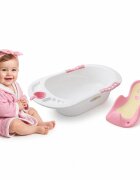 Little Mom Cadita pentru copii Sunny Pink echipata cu manere antiderapante Dop de scurgere dimensiune 88 x 51 x 22 cm si Reductor detasabil ergonomic cu fixare in ventuze inclus