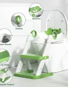 Little Mom Reductor de toaleta pentru copii Green Teddy Bear colac din PVC design pliabil robust si stabil ajustabil pe 6 nivele de inaltime manere ergonomice design anti-stropire dimensiune 38 x 34 x 59 cm