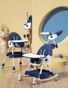 Little Mom Scaun de masa multifunctional 3 in 1 Rocking Chair Blue transformabil in balansoar cu husa detasabila spatar reglabil inaltime reglabila masuta detasabila si roti