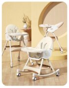 Little Mom Scaun de masa pliabil pentru bebelusi 3 in 1 Funny Cream cu roti si functie de balansoar multifunctional centura de siguranta 5 Puncte ajustabil pe inaltime cos de depozitare husa detasabila