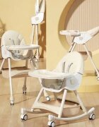 Little Mom Scaun de masa pliabil pentru bebelusi 3 in 1 Funny Cream cu roti si functie de balansoar multifunctional centura de siguranta 5 Puncte ajustabil pe inaltime cos de depozitare husa detasabila