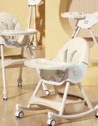 Little Mom Scaun de masa pliabil pentru bebelusi 3 in 1 Funny Cream cu roti si functie de balansoar multifunctional centura de siguranta 5 Puncte ajustabil pe inaltime cos de depozitare husa detasabila