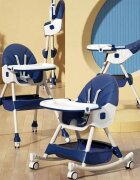 Little Mom Scaun de masa pliabil pentru bebelusi 3 in 1 Funny Dark Blue cu roti si functie de balansoar multifunctional centura de siguranta 5 Puncte ajustabil pe inaltime cos de depozitare husa detasabila