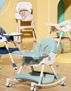 Little Mom Scaun de masa pliabil pentru bebelusi 3 in 1 Funny Dark Blue cu roti si functie de balansoar multifunctional centura de siguranta 5 Puncte ajustabil pe inaltime cos de depozitare husa detasabila