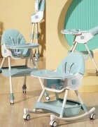 Little Mom Scaun de masa pliabil pentru bebelusi 3 in 1 Funny Light Green cu roti si functie de balansoar multifunctional centura de siguranta 5 Puncte ajustabil pe inaltime cos de depozitare husa detasabila