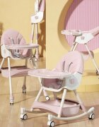 Little Mom Scaun de masa pliabil pentru bebelusi 3 in 1 Funny Pink cu roti si functie de balansoar multifunctional centura de siguranta 5 Puncte ajustabil pe inaltime cos de depozitare husa detasabila
