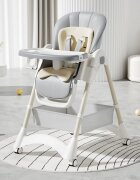 Little Mom Scaun de masa pliabil pentru bebelusi Grey cu reductor dublu varsta 6-36 luni spatar reglabil in 4 unghiuri distincte cu roti si cos pentru accesorii inaltime ajustabila centura de siguranta 5 Puncte