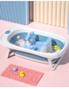 Little Mom Scaunel de baie pentru copii Baby Crown Blue design ergonomic cu spatar cu husa detasabila din cauciuc cu ghidon de sustinere si Claxon dimensiune 20 x 30 x 36 cm