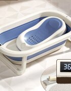 Little Mom Set Cadita si Suport anatomic detasabil pentru bebelusi Blue cu afisaj temperatura digital design pliabil si compact cu suprafete antiderapante finisaje netede si sistem de agatare