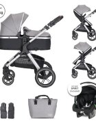 LORELLI Carucior pentru copii Viola Grey 3 in 1 cos auto Spirit inclus transformabil sezut reversibil maner ajustabil cadru din aluminiu suspensii bara detasabila pana la 22 kg multiple accesorii
