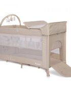 LORELLI Patut pliabil Noemi Plus Fog Beige Star cu 2 nivele usa laterala cu fermoar roti cu sistem de blocare accesorii incluse