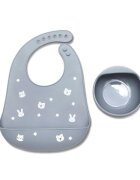 LORELLI Set de hranire din silicon natural contine bol cu vacuum si baveta 6 luni+ Grey