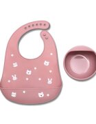 LORELLI Set de hranire din silicon natural contine bol cu vacuum si baveta 6 luni+ Pink