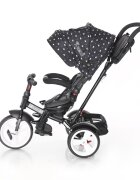 LORELLI Tricicleta pentru copii Neo Black Crowns 4 in 1 multifunctionala control al directiei scaun rotativ spatar inalt reglabil cosulet textil si 2 tipuri de suport pentru picioare