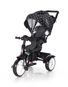 LORELLI Tricicleta pentru copii Neo Black Crowns 4 in 1 multifunctionala control al directiei scaun rotativ spatar inalt reglabil cosulet textil si 2 tipuri de suport pentru picioare
