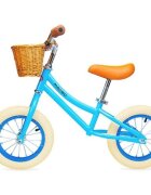 Maawo Bicicleta fara pedale pentru copii roti de 12 inch cu spite si anvelope pneumatice cadru din aliaj de magneziu design ergonomic Saua si ghidonul reglabile sarcina maxima 30 kg Cos impletit din rachita Blue Urban