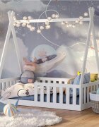 Magic kids Pat pentru copii Tipi alb din lemn design scandinav tip casuta montaj direct pe podea cu somiera 140 x 70 cm
