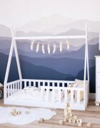 Magic kids Pat pentru copii Tipi alb din lemn design scandinav tip casuta montaj direct pe podea cu somiera 140 x 70 cm