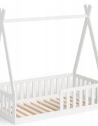 Magic kids Pat pentru copii Tipi alb din lemn design scandinav tip casuta montaj direct pe podea cu somiera 140 x 70 cm