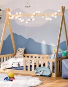 Magic kids Pat pentru copii Tipi Natur din lemn design scandinav tip casuta montaj pe podea cu somiera 140 x 70 cm