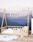 Magic kids Pat pentru copii Tipi Natur din lemn design scandinav tip casuta montaj pe podea cu somiera 140 x 70 cm